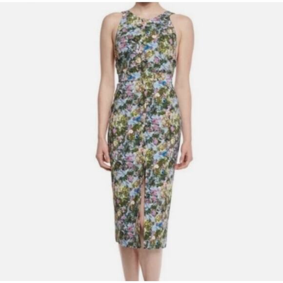 Cushnie Et Ochs Floral Print Midi Length Open Back Wiggle Green Dress Size 0 - Picture 1 of 13